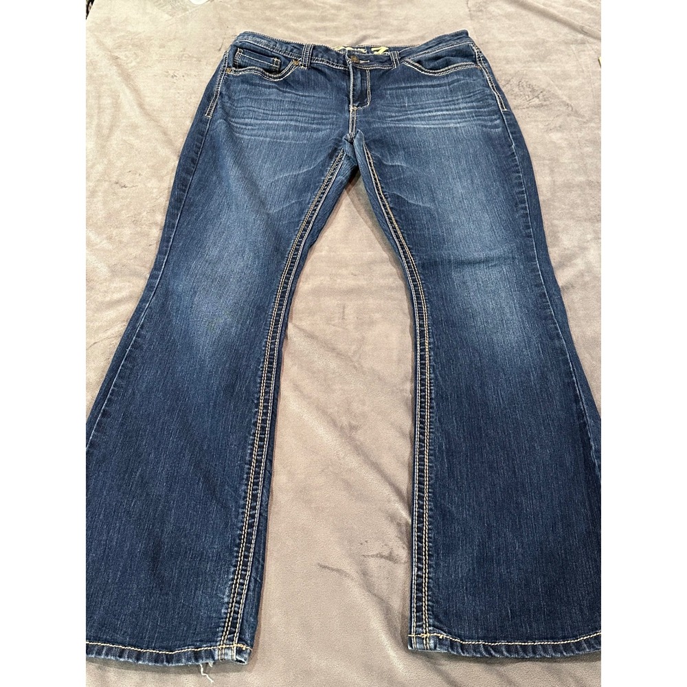 Seven7 Womens Boot Cut Dark Wash Embroidered Flap Pocket Jeans Size 14